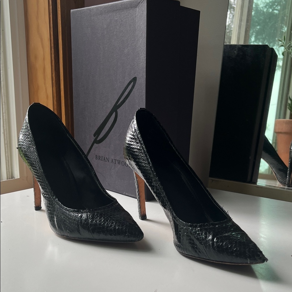 Brian Atwood Textured Black Leather Heels